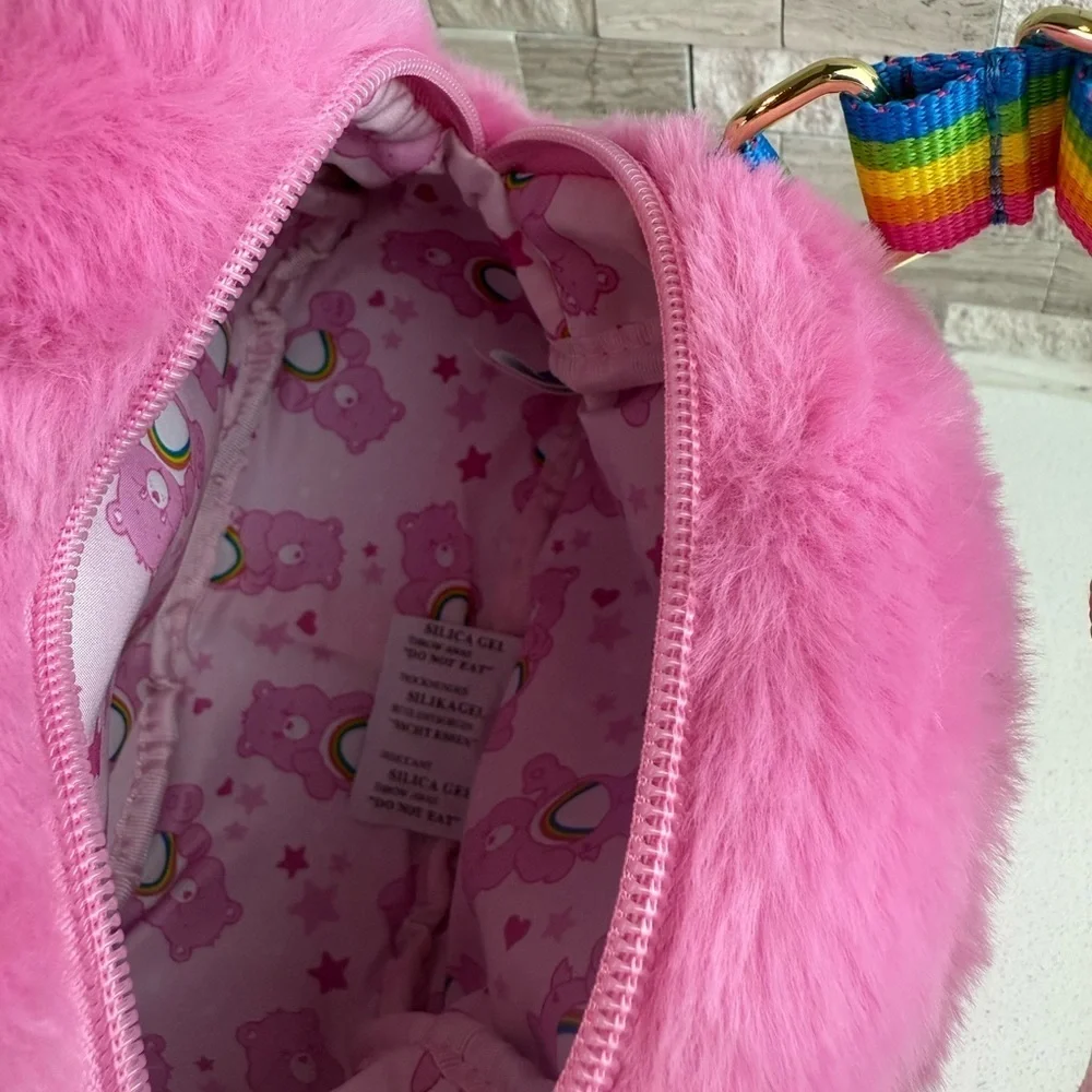 NEW Care Bear‎ Pink Plush Crossbody Bag With Rainbow Strap